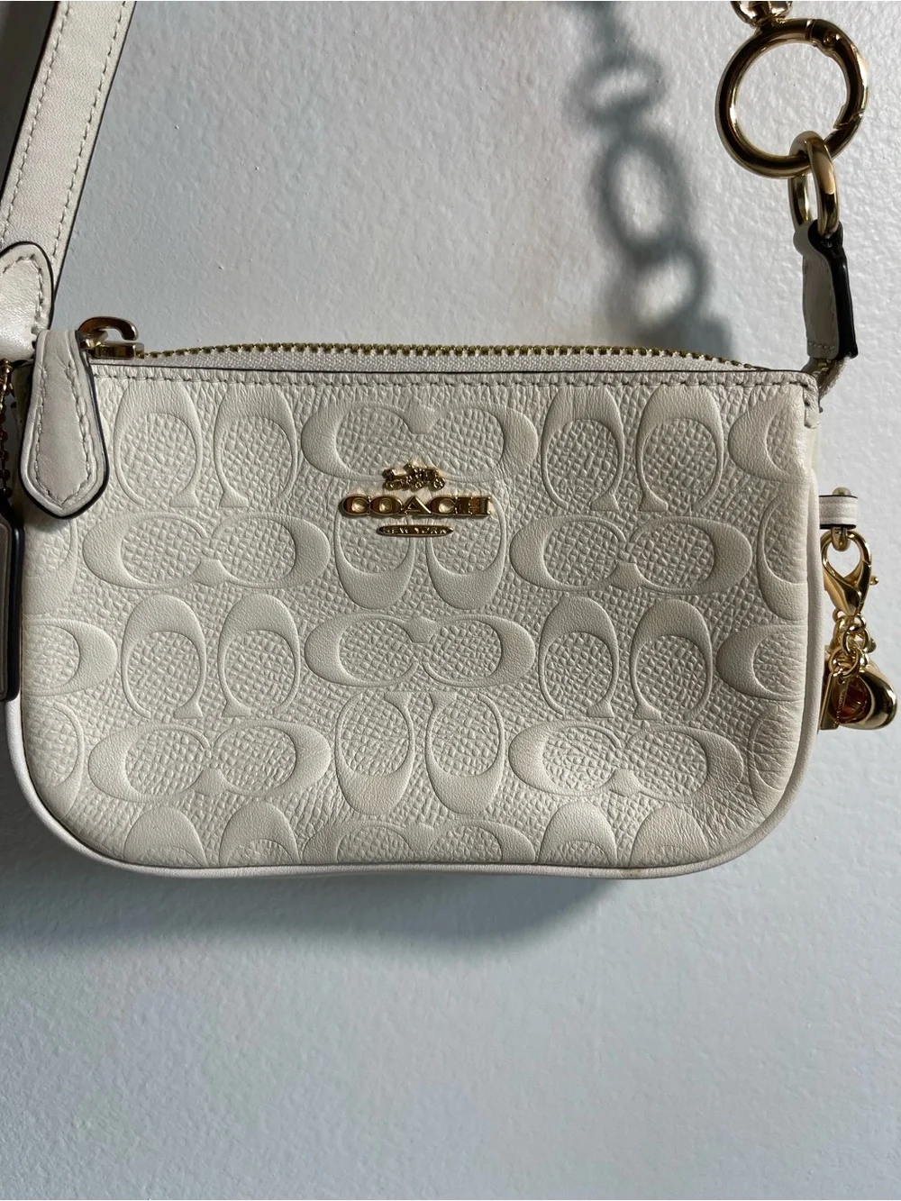 Coach Cream Signature Embossed Leather Mini Wristlet with Gold Accents